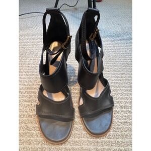 Alexander McQueen Black Leather Wood Gold‎ Architectural Heel Sandals Size 40